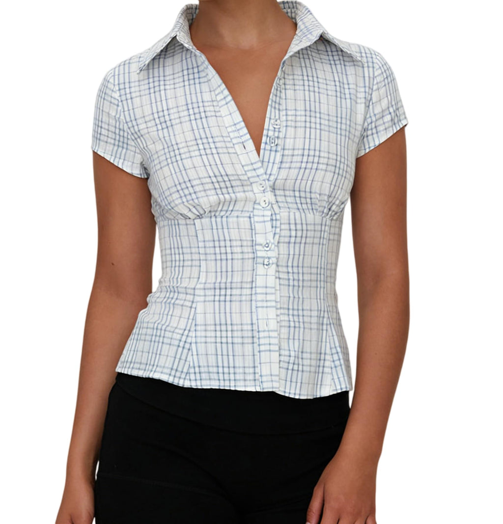 Damen Y2K Kurzarm-Bluse mit Knopfleiste, körperbetont und mit Kragen