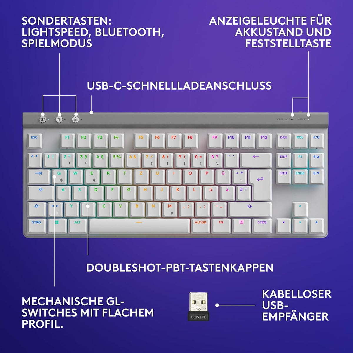 Logitech G G515 LIGHTSPEED TKL kabellose flache Gaming-Tastatur (Schwarz)