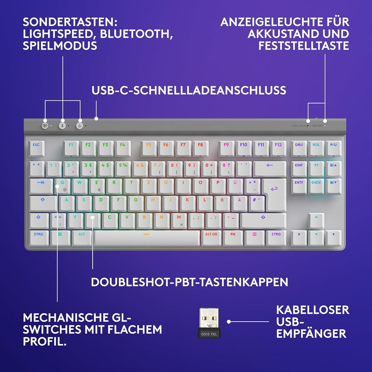 Logitech G G515 LIGHTSPEED TKL kabellose flache Gaming-Tastatur (Schwarz)
