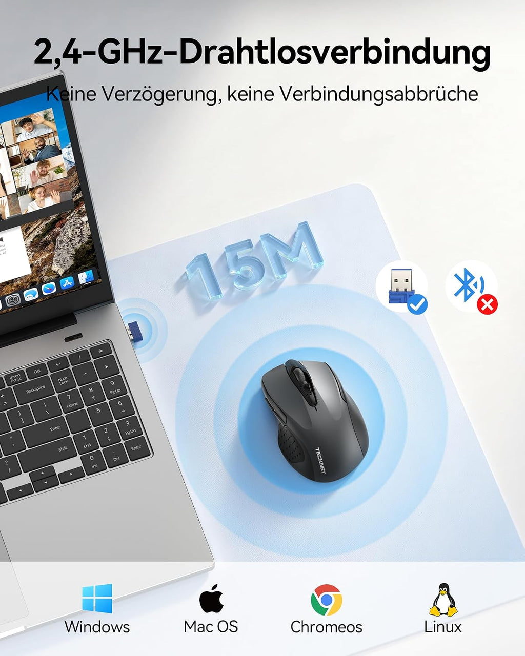 TECKNET Kabellose Maus, 2.4G Optische Funkmaus mit USB Empfänger, Grau