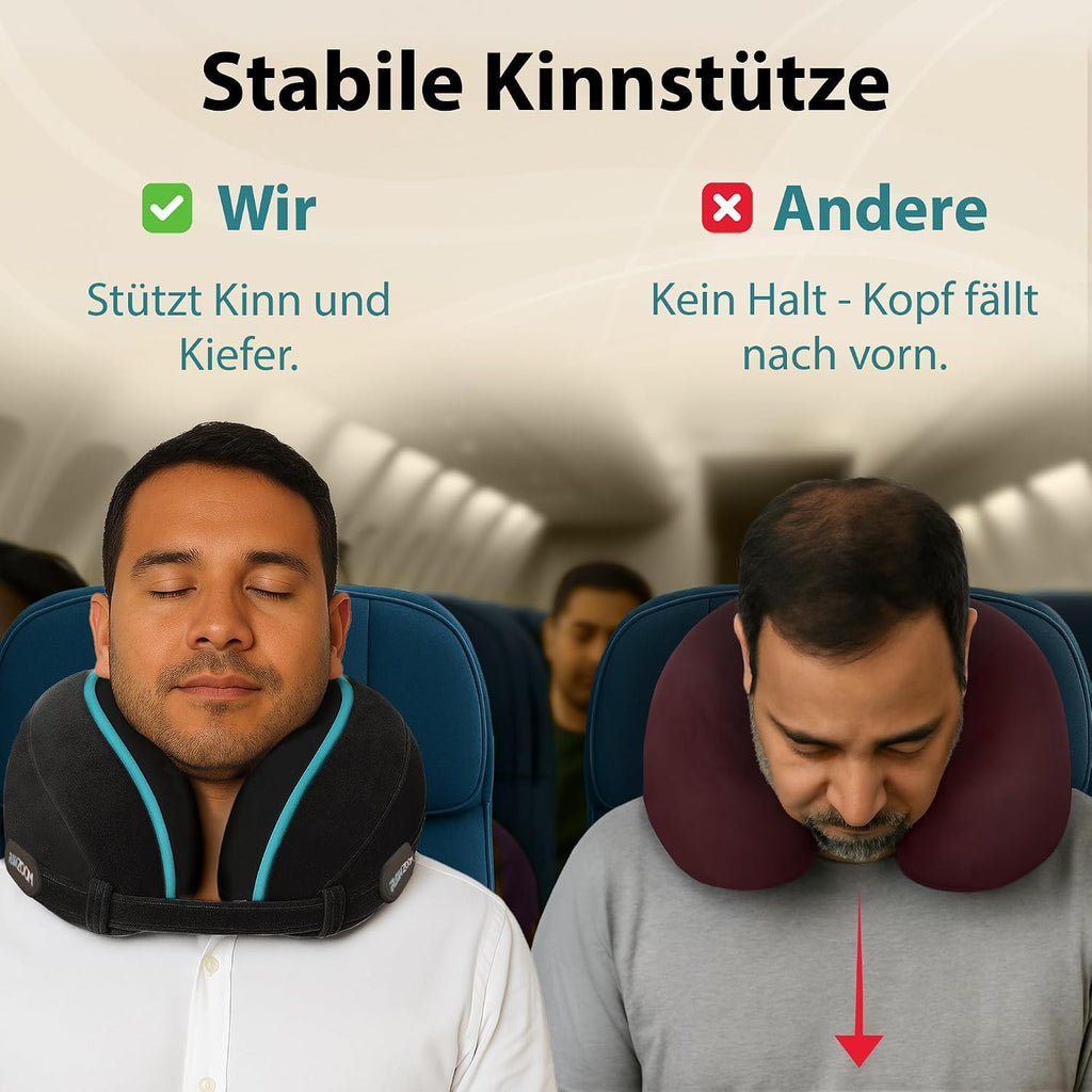 FLOWZOOM Comfy Nackenkissen Flugzeug & Auto mit Kapuze - Einstellbares Memory Foam Reisekissen mit Druckknöpfen für 360° Stütze, weicher Bezug - inkl. Transportbeutel - Grau