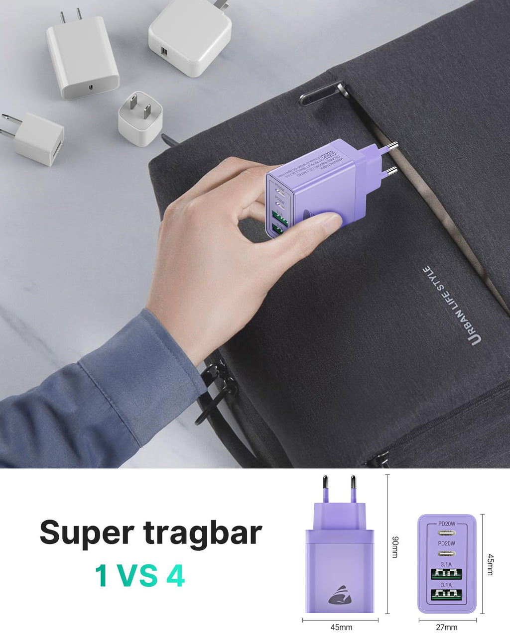 USB C Ladegerät, 40W 4-Port USB ladegerät Mehrfach Schnellladegerät PD 3.0