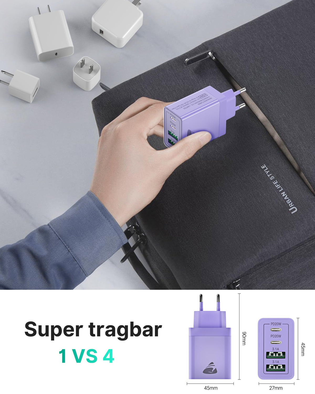 USB C Ladegerät, 40W 4-Port USB ladegerät Mehrfach Schnellladegerät PD 3.0