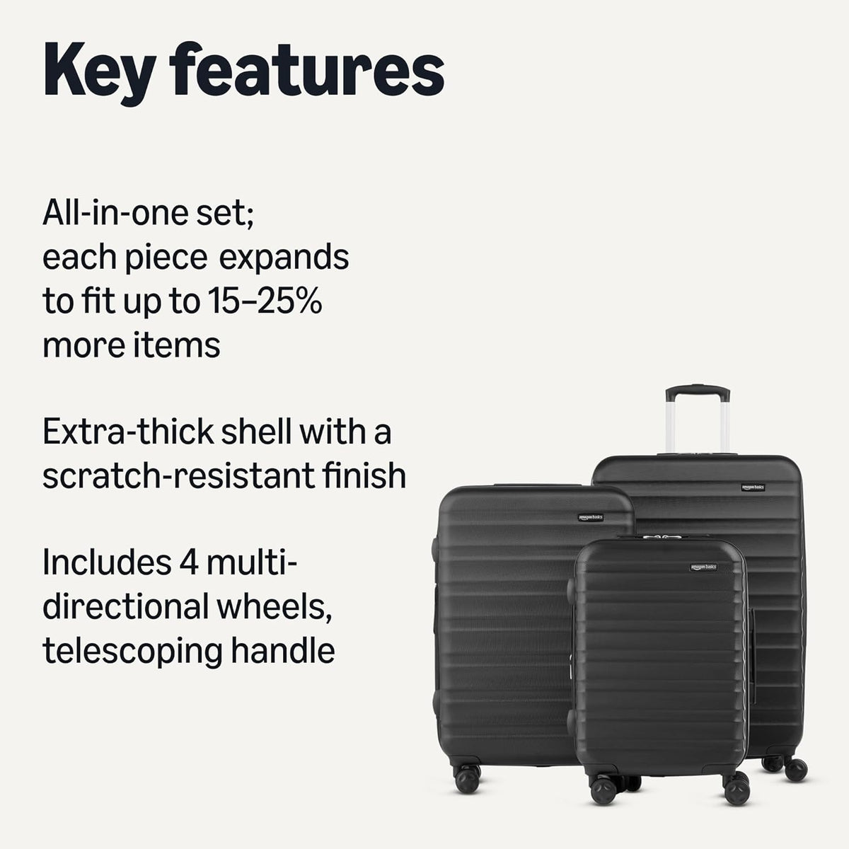Amazon Basics 21" Hardside Carry-On Luggage with Spinner Wheels, Expandable for Up to 25% More Space, Scratch-Resistant Hard Shell, Telescoping Handle, Black