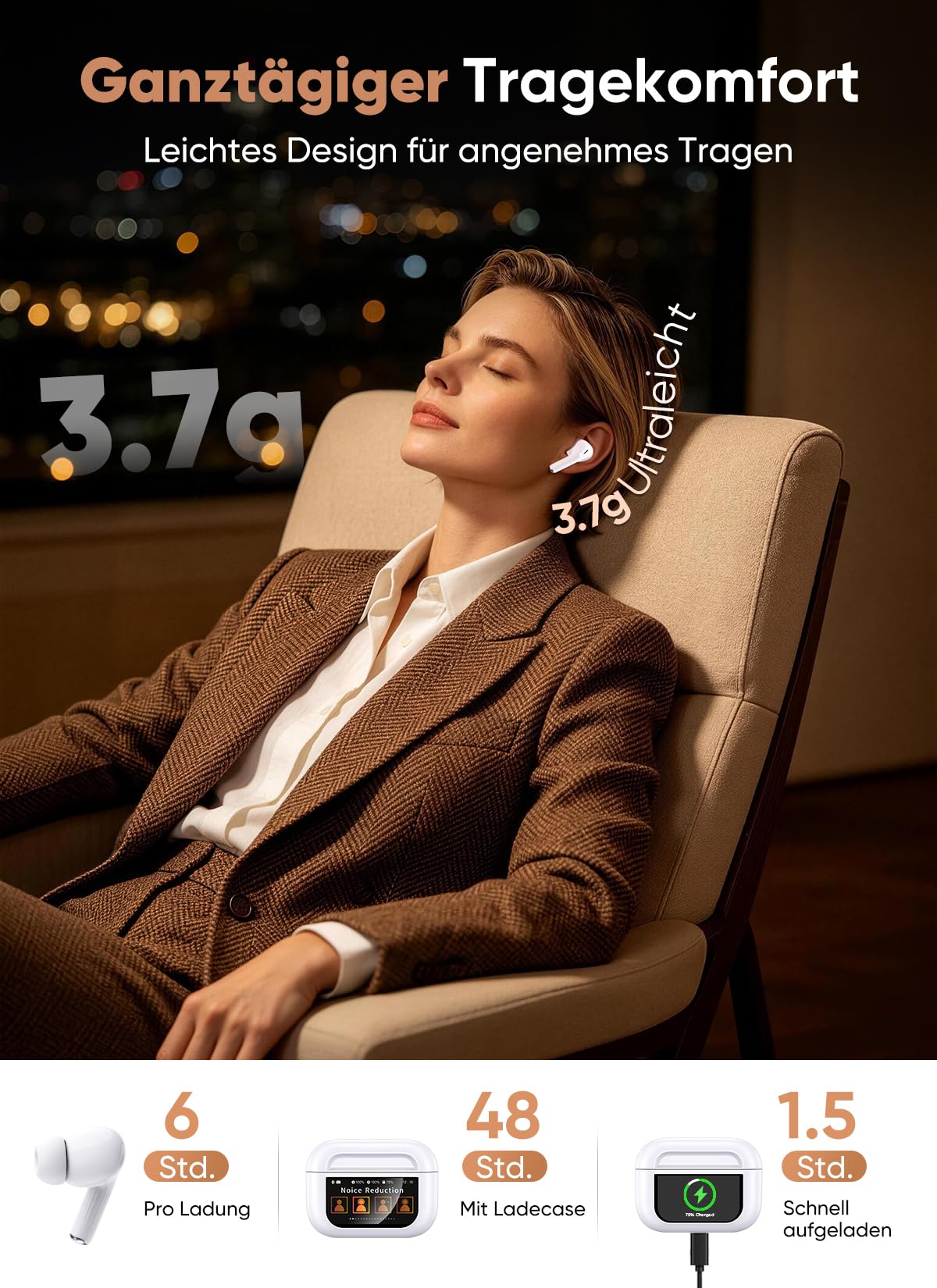 Bluetooth 5.4 Kabellose In-Ear Kopfhörer mit Smart Touchscreen, 48 Std. Wiedergabezeit, Aktive ANC Geräuschunterdrückung + ENC Anrufverarbeitung, 5 EQ-Modi, HiFi Stereo, IPX7 Wasserdicht Austerweiß