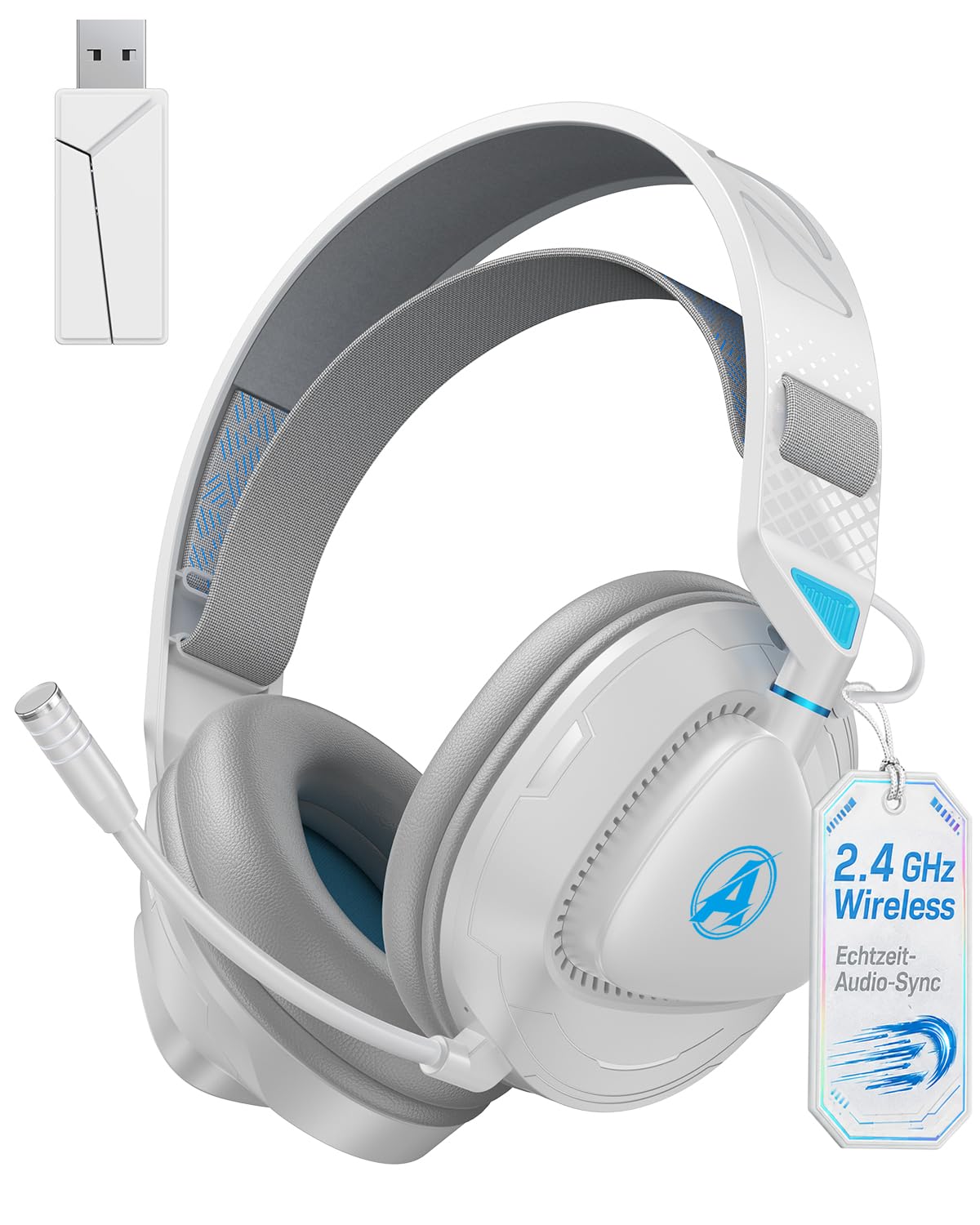 Gaming Headset Wireless für PS5 PS4 PC MAC Handy, 2.4Ghz(USB & Typ-C)+ BT