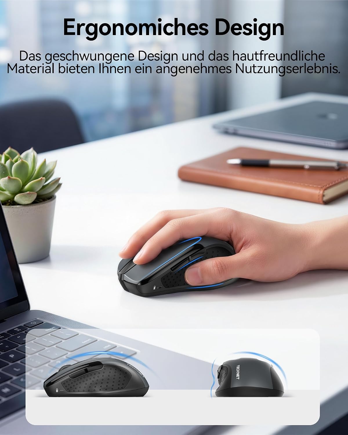 TECKNET Kabellose Maus, 2.4G Optische Funkmaus mit USB Empfänger, Grau