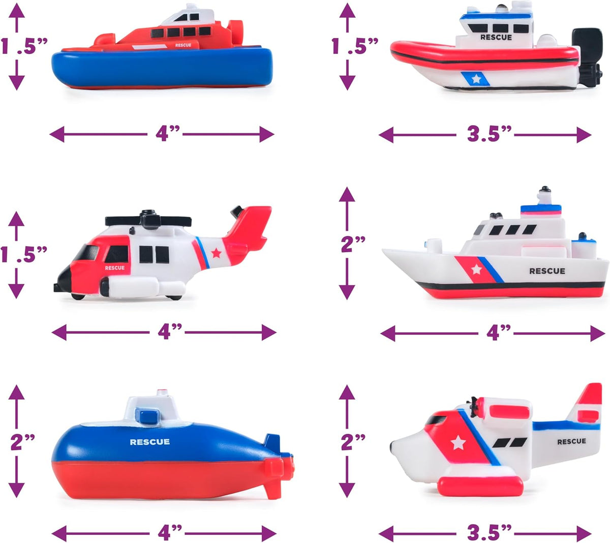 Tub Works® Ocean Rescue™ Vehicles Light Up Bath Toys, 6 Pack | Water-Activated Light Up Toys Flash & Change Color | Easy-Grip Baby & Toddler Bath Toys | Sensory Toys with Bath Lights for Kids Bath