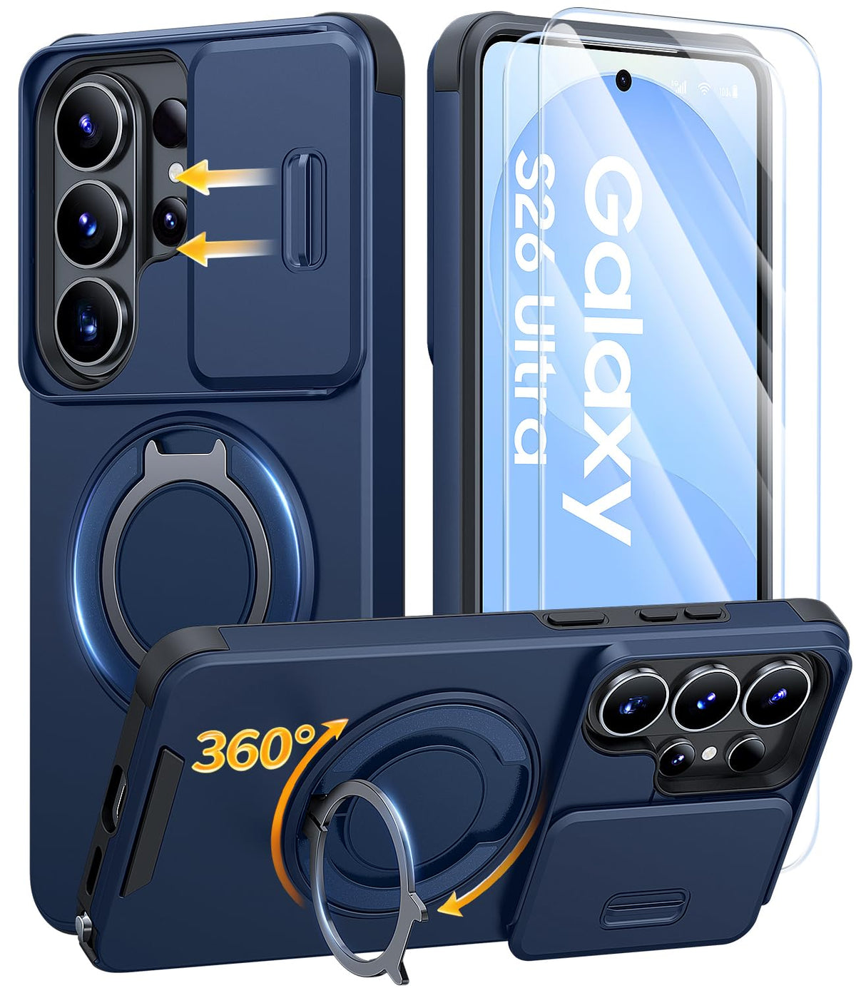 AOUIA für Samsung Galaxy S26 Ultra Hülle mit 2 Stück Panzerglas, Kameraschutz, 360° drehbarer Ringständer, Militärstandard Stoßschutz, robuste Handyhülle für Samsung S26 Ultra, Schwarz