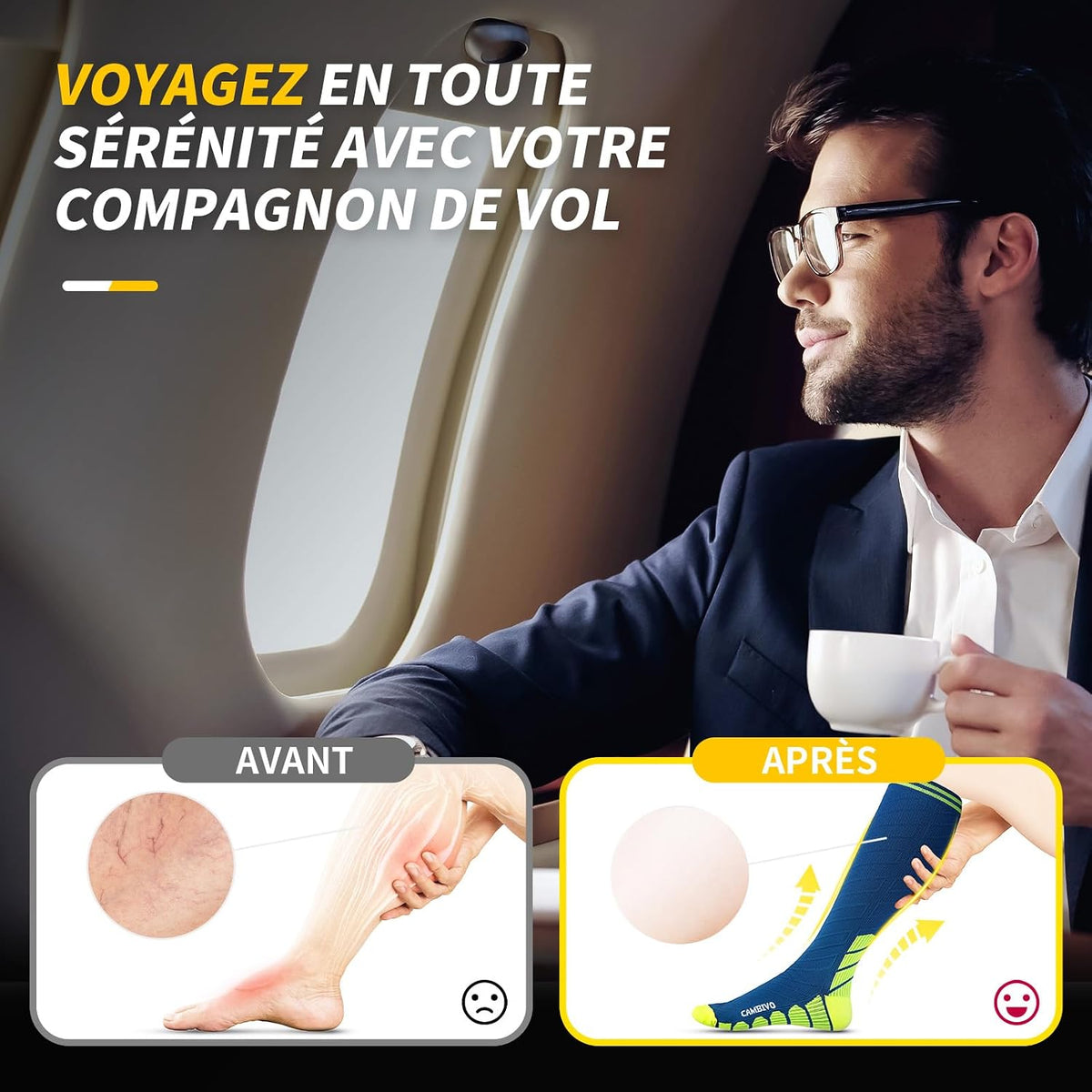 CAMBIVO Bas de Contention Femme Homme 3Paires, Chaussettes de Compression 20-30mmHg, Chaussette Contention Classe 2, pour Circulation Sanguine, Course a Pied, Voyage Avion, Sport, Running, Infirmiere