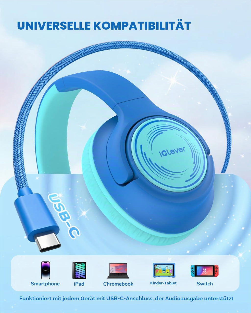 iClever HS26 Kopfhörer Kinder mit 3,5 mm Kabel für Schule/Tablet/Reisen