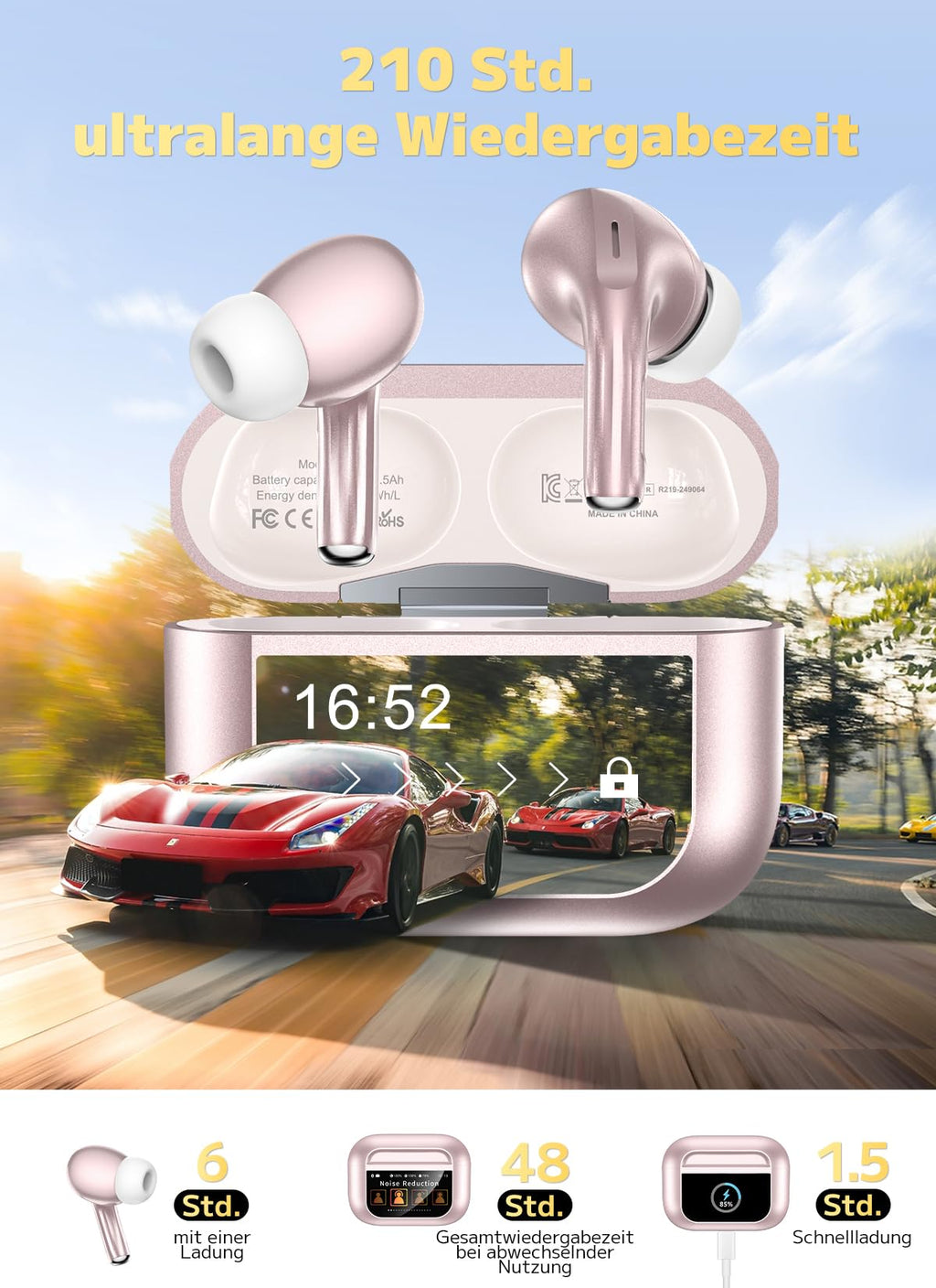 Bluetooth 5.4 Kabellose In-Ear Kopfhörer mit Smart Touchscreen, 48 Std. Wiedergabezeit, Aktive ANC Geräuschunterdrückung + ENC Anrufverarbeitung, 5 EQ-Modi, HiFi Stereo, IPX7 Wasserdicht Austerweiß