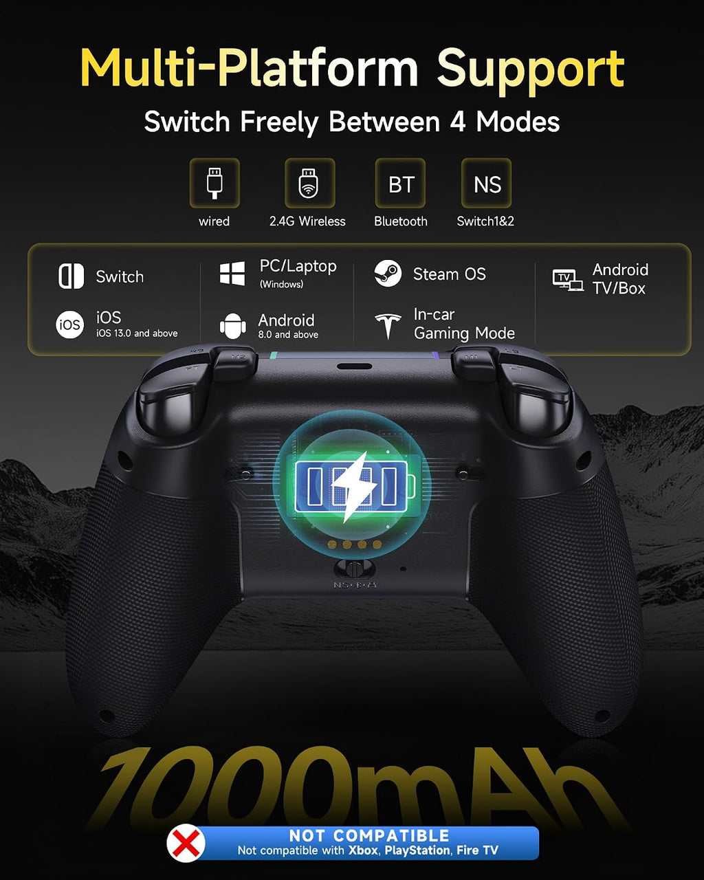 EasySMX X05PRO Wireless PC-Controller, Gaming-Controller mit leisen Tasten, 2-stufigen Triggern, Hall-Effekt-Joysticks, 2 programmierbaren Tasten, 1000 mAh Akku, kompatibel mit PC/Switch/Android/iOS – Schwarz