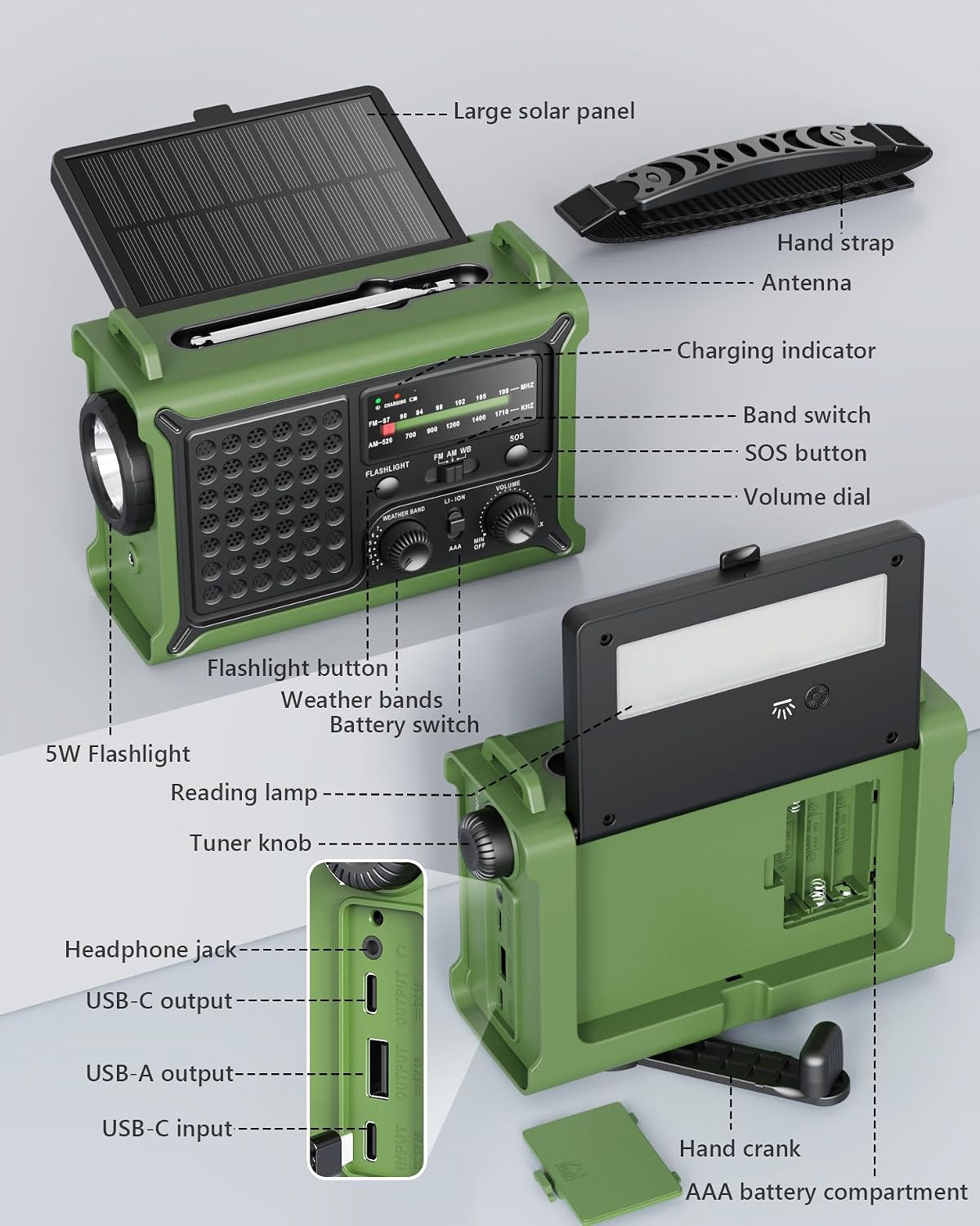 12000mAh Kurbelradio, DAB+/UKW, Notfallradio mit 8500mm² Solarpanel & 650mA Handkurbel-Dynamo, Solar Radio mit Bluetooth 5.0, Taschenlampe & Ladegerät, USB, SOS, Tragbares Radio für Camping & Notfälle