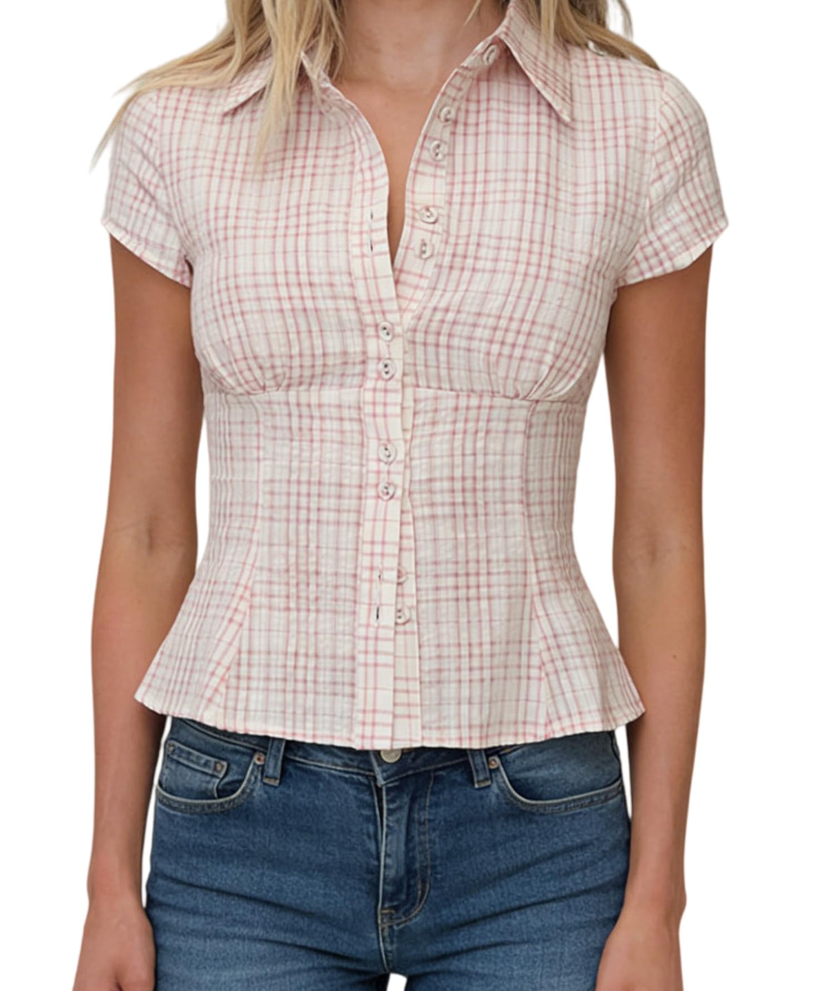 Damen Y2K Kurzarm-Bluse mit Knopfleiste, körperbetont und mit Kragen
