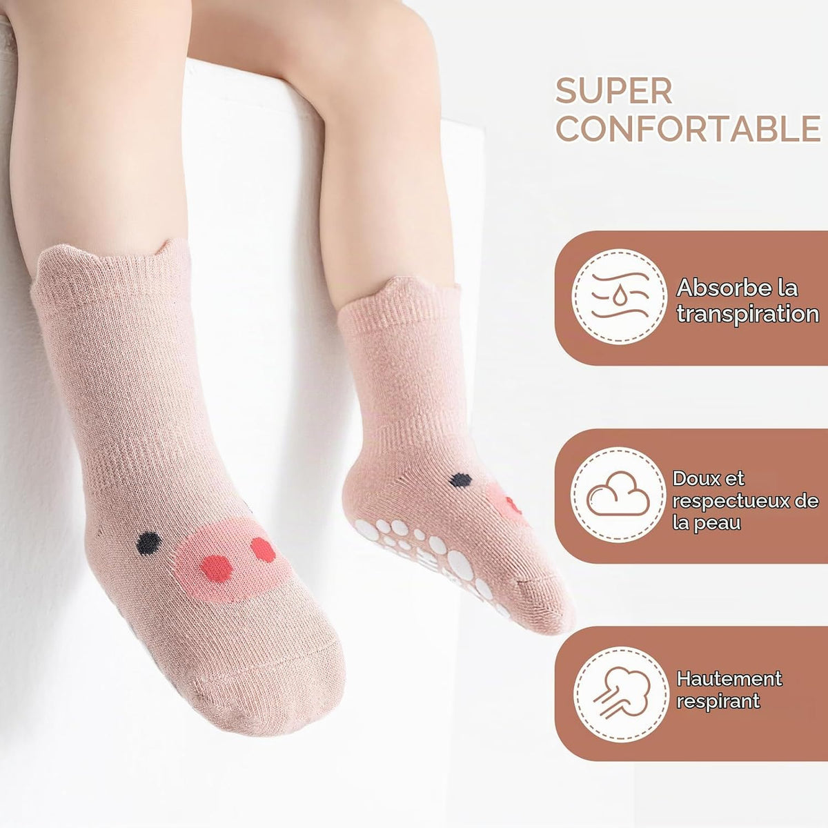 SockWaddles Chaussettes de bébé, 5 paires de chaussettes antidérapantes ABS respirantes pour enfants, chaussettes de bébé en coton, garçons et filles avec des animaux et des licornes