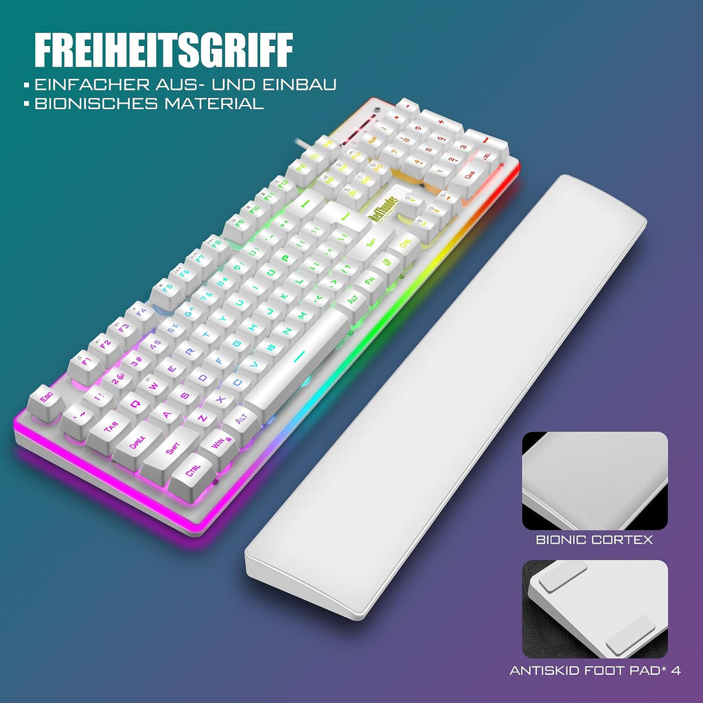 RedThunder K10 Gaming Tastatur und Maus Set, QWERTZ DE-Layout, Metallplatte und Handballenauflager，RGB-Hintergrundbeleuchtung - und 7D mit Ergonomische - für PC Mac Gamer(Weiß)