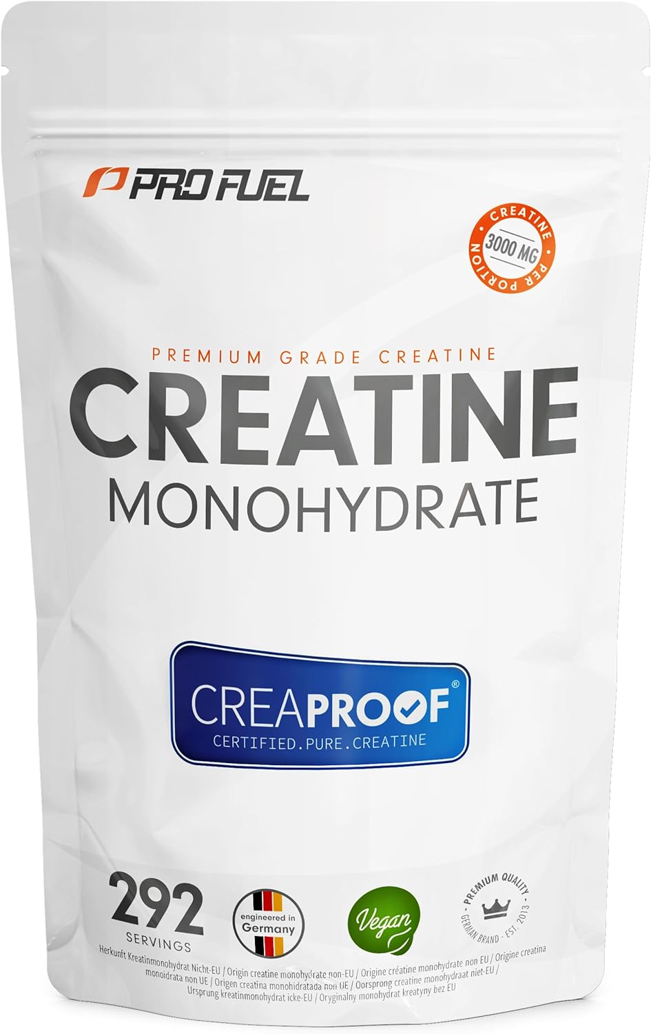 CREAPROOF® Kreatin-Monohydrat 1000g – Kreatin von erstklassiger Reinheit, durch unabhängige Laboranalysen bestätigt – Kreatin-Monohydrat mit 3 g Kreatin pro Portion – 100 % vegan – Vorrat für 292 Tage