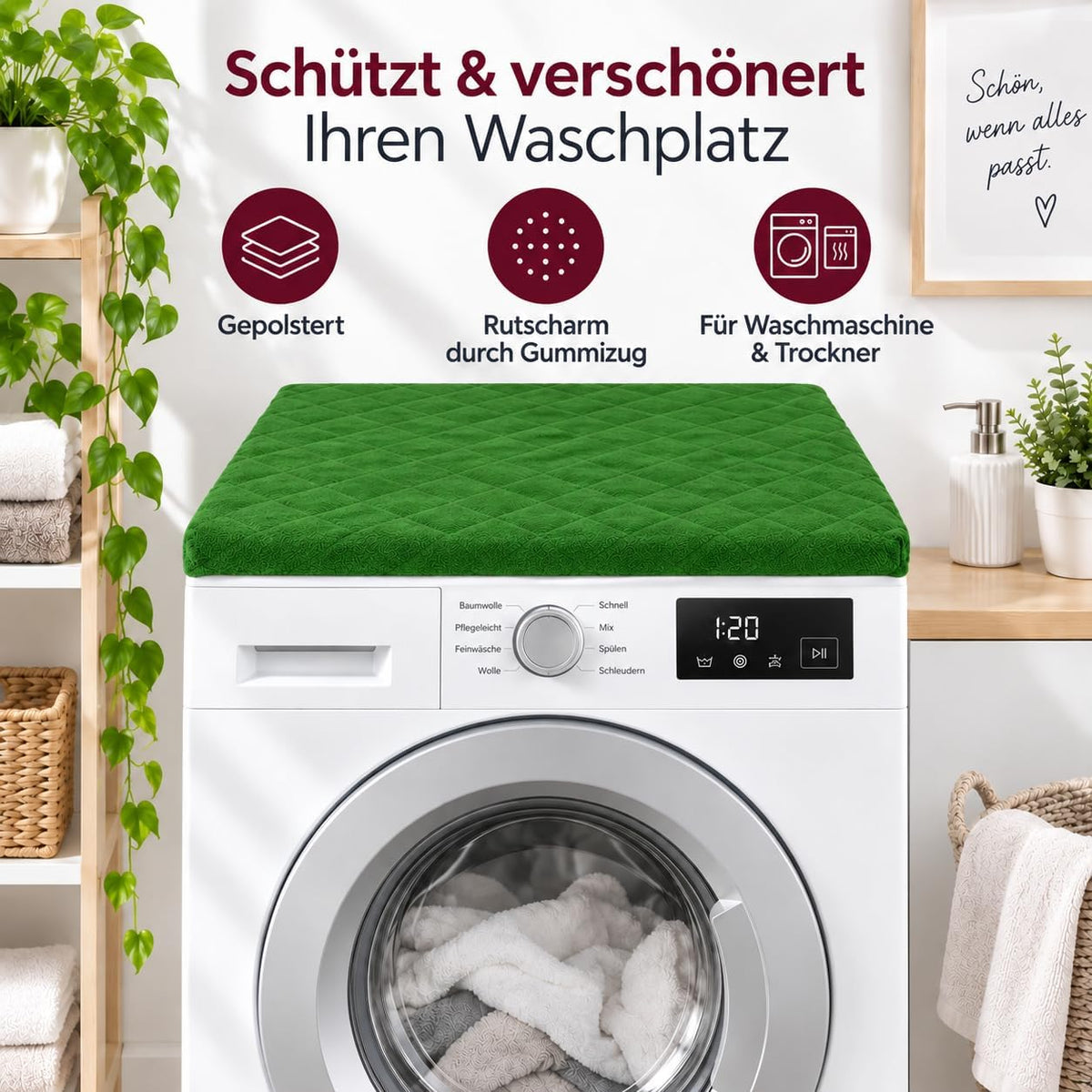 Brandsseller Waschmaschinenbezug & Trocknerbezug 60x60 cm - gepolsterter Schonbezug für Waschmaschine und Trockner – Schutzhülle mit Gummizug - Grün
