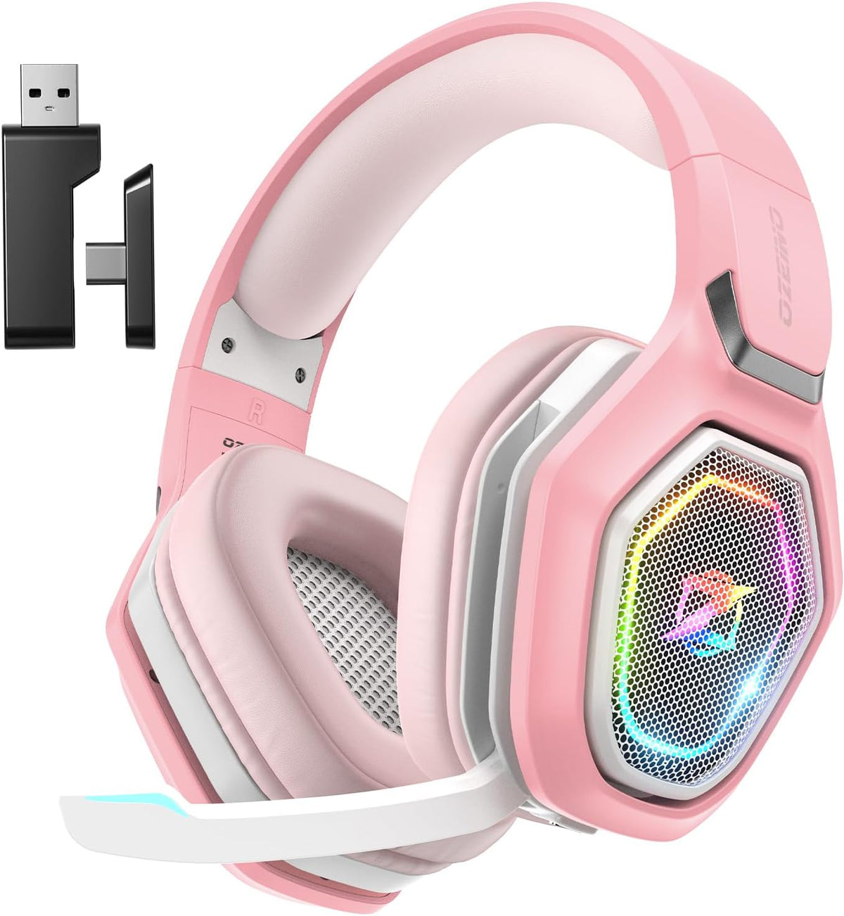 Ozeino kabelloses 2,4-GHz-Gaming-Headset mit geräuschunterdrückendem Mikrofon für PS5/PC/PS4/Mac, Bluetooth-Headset mit RGB-Beleuchtung, Gaming-Kopfhörer mit 40 Std.+ Akkulaufzeit