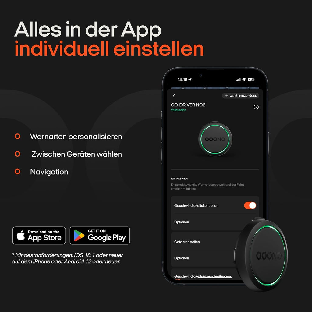 OOONO Co-Driver NO2 Schwarz- Optimierter Co-Driver fürs Auto - Warnt vor Tempo-Kontrollen und Gefahrenstellen – Wiederaufladbar – LED-Anzeige – CarPlay & Android Auto kompatibel