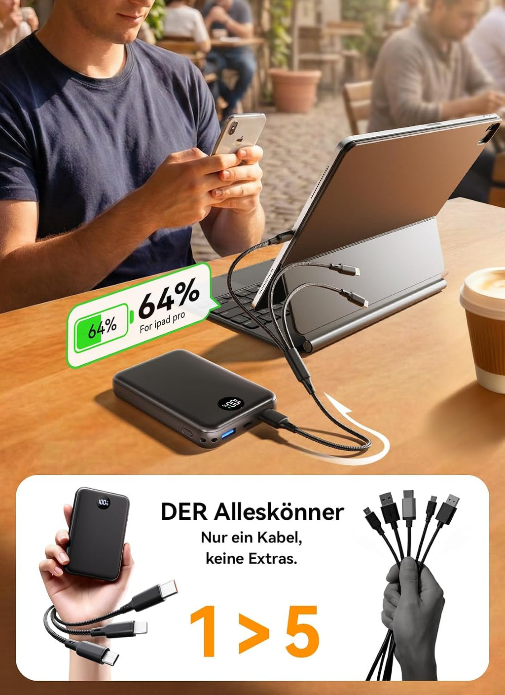 Power Bank 27000mAh, Ultra Kompakte Powerbank Schnellladen mit 3-in-1 Kabel