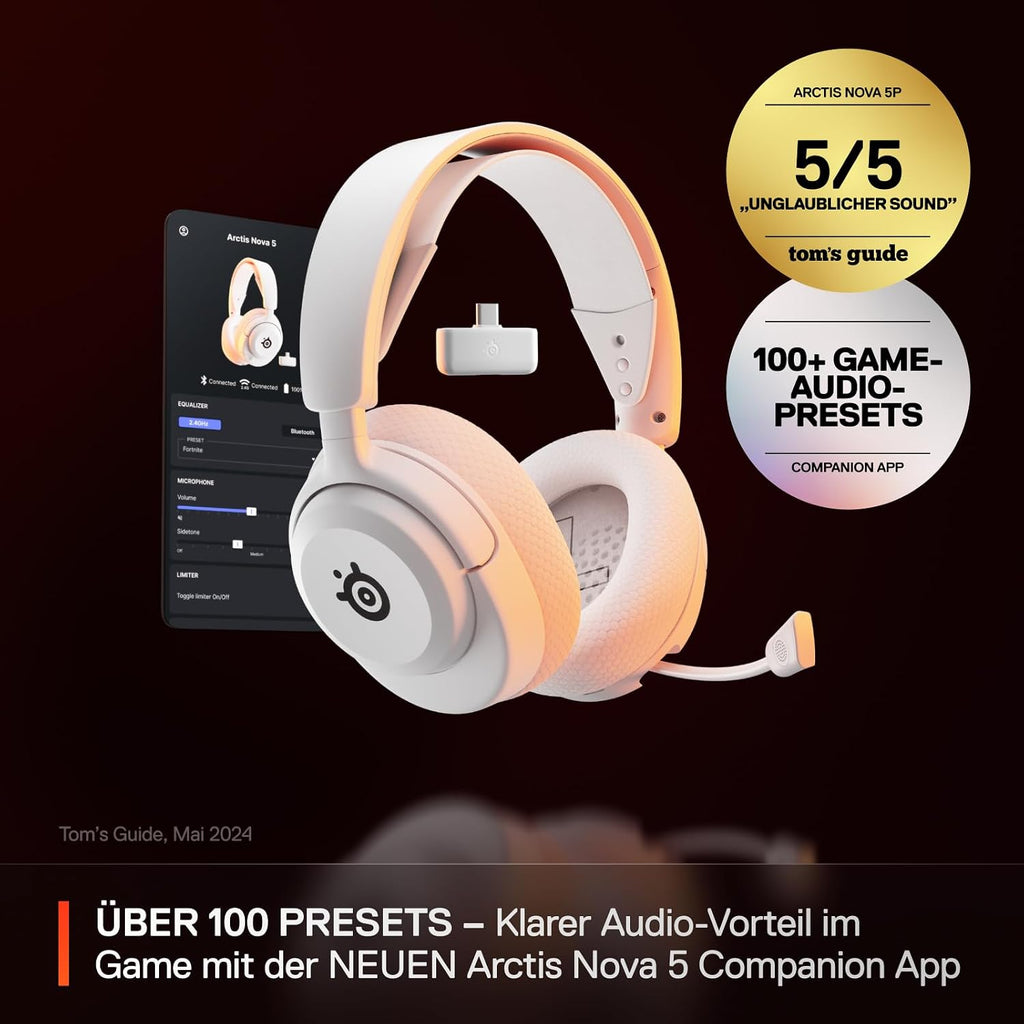 SteelSeries Arctis Nova 5 Wireless - Gaming Headset- Multi-System -PC,PS5 - Magnetische Neodym-Treiber -Über 100 Audio Presets - 60H Akkulaufzeit - 2,4 GHz oder BT-ClearCast Gen2.X-Mik -Weiß