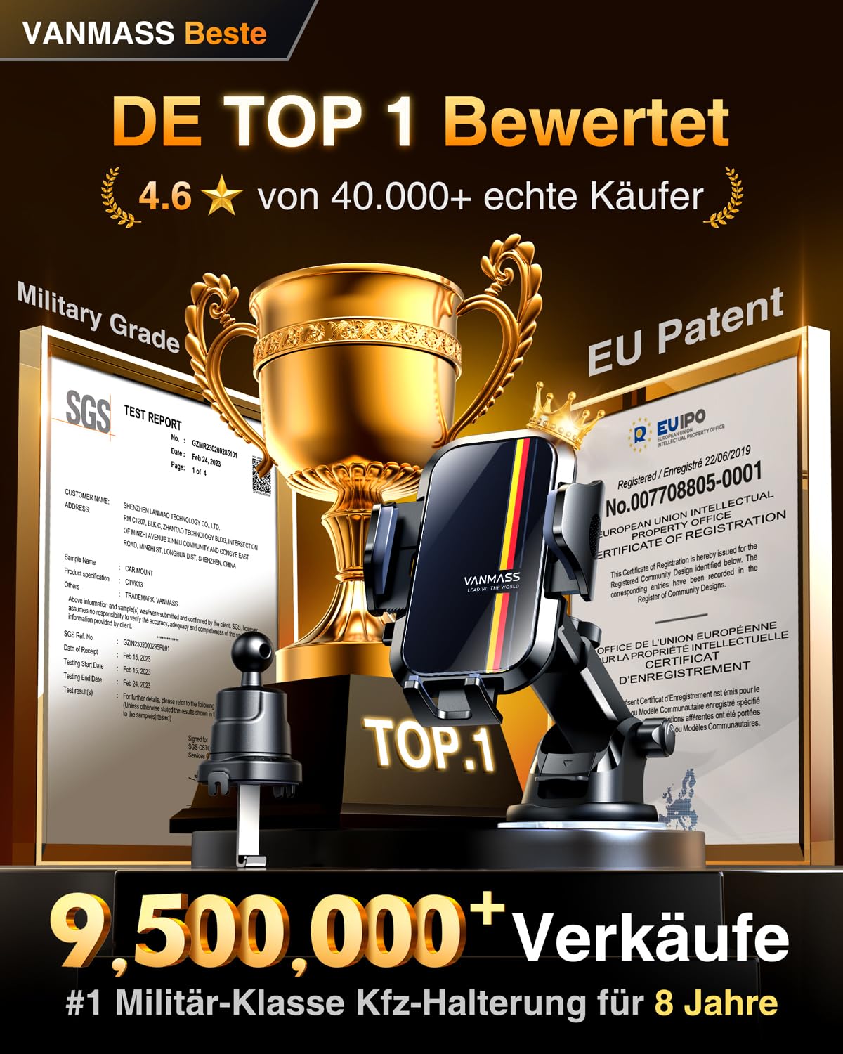 VANMASS 2026【Militär-Klasse】Handyhalterung Auto Upgrade【Stärkste Saugnapf & Lüftungshaken】4 in 1 Handy Halterung Auto 360° Drehbar Handyhalter Auto Armaturenbrett Scheibe Wand für iPhone Samsung usw