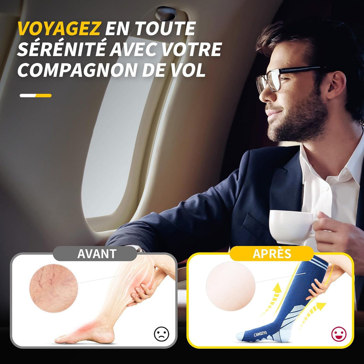 CAMBIVO Bas de Contention Femme Homme 3Paires, Chaussettes de Compression 20-30mmHg, Chaussette Contention Classe 2, pour Circulation Sanguine, Course a Pied, Voyage Avion, Sport, Running, Infirmiere