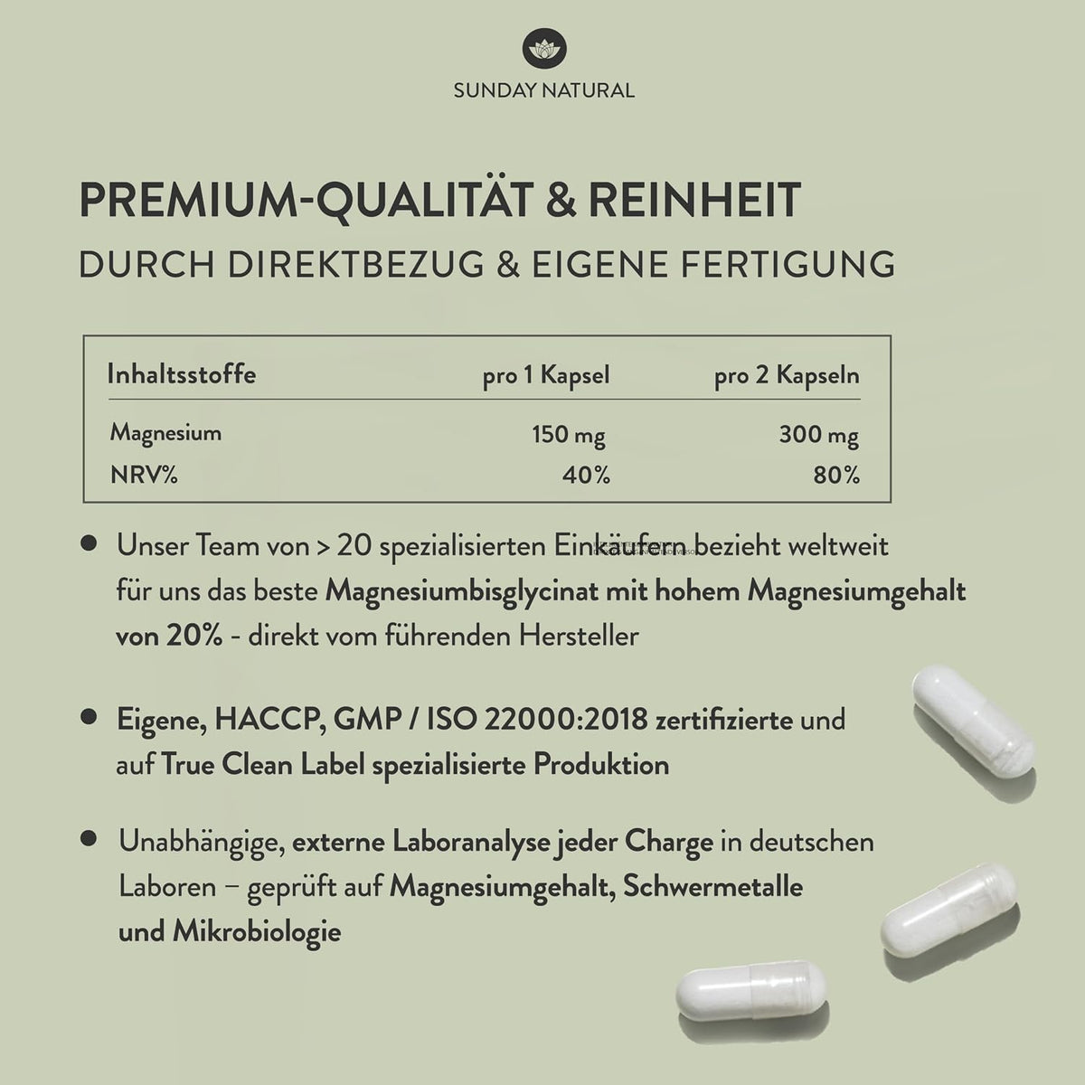 SUNDAY NATURAL® Magnesium Bisglycinat - 240 Kapseln - 300mg reines Magnesium pro Tagesdosis - Depot Magnesiumglycinat als organisches Aminosäurechelat - Laborgeprüft, vegan
