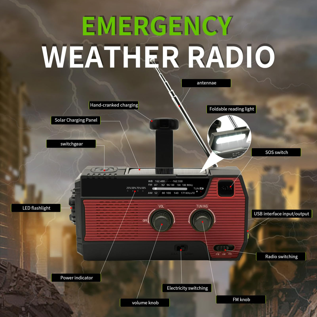 Notfall-Solarradio,Solarbaby Selbstbetriebenes Kurbelradio mit LED-Taschenlampe, SOS-Alarm,AM/FM Wetter Wind Up Radio mit 2000mAh Akku für Notladung von Smartphone,(Rod)