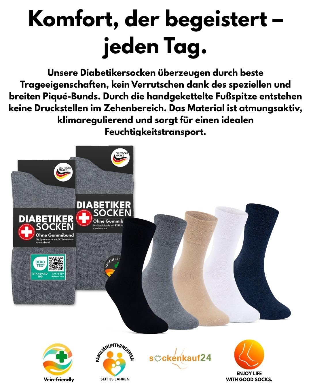 sockenkauf24 Diabetikersocken ohne Gummi & ohne Naht 97% Baumwolle (6 Paar) Diabetiker Socken mit Komfortbund für Damen & Herren