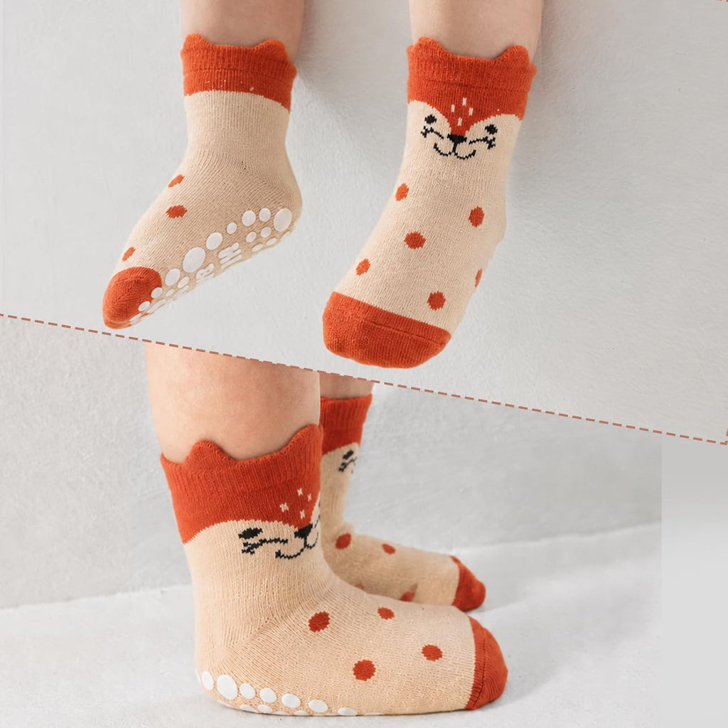 SockWaddles Chaussettes de bébé, 5 paires de chaussettes antidérapantes ABS respirantes pour enfants, chaussettes de bébé en coton, garçons et filles avec des animaux et des licornes