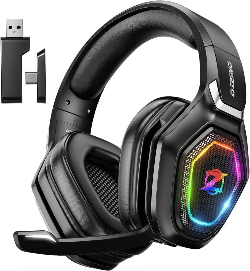 Ozeino 2.4GHz Gaming Headset Wireless mit Mikrofon Geräuschunterdrückung für Ps5/PC/Ps4/Mac, Bluetooth Headset mit RGB Licht, Gaming kopfhörer 40H+ Akkulaufzeit