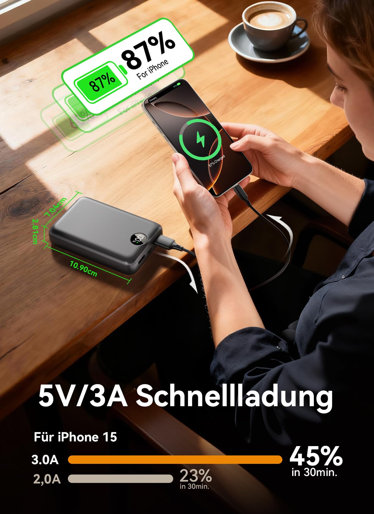 Power Bank 27000mAh, Ultra Kompakte Powerbank Schnellladen mit 3-in-1 Kabel