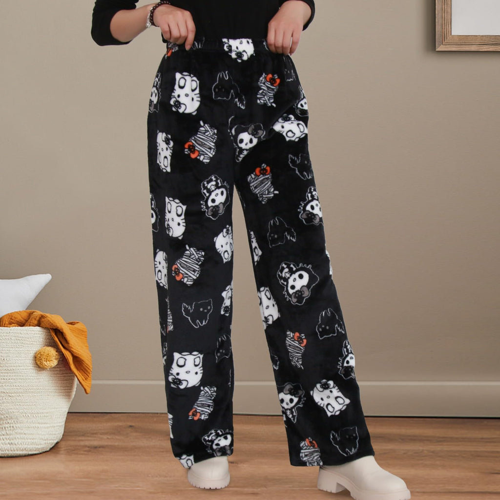 Chnnamzu Damen-Pyjamahose aus Flanell, warmes und weiches Fleece-Pyjamaunterteil, süßes Cartoon-Katzen-Motiv, Kawaii-Mode, lässige Nachtwäsche, Loungewear-Hose