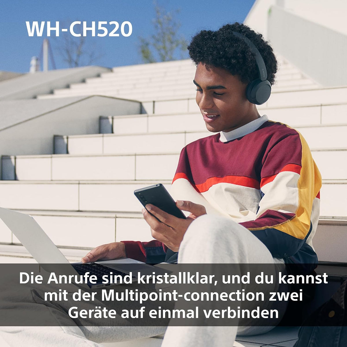 Sony WH-CH520 Kabellose Bluetooth-Kopfhörer - bis zu 50 Stunden Akkulaufzeit mit Schnellladefunktion, On-Ear-Modell - Schwarz