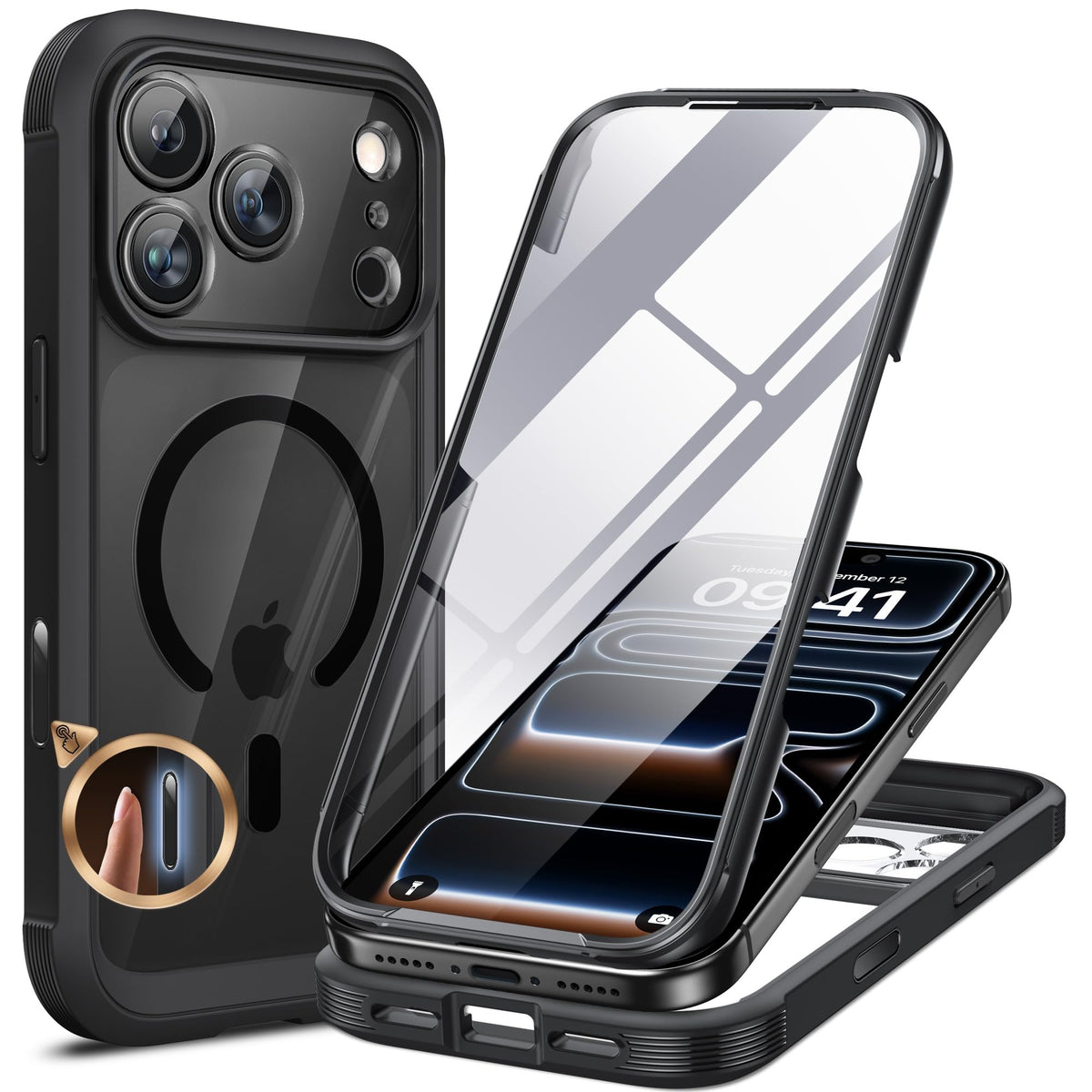 Miracase für iPhone 17 Hülle 6,3 Zoll,360 Grad Komplettschutz,Schwarz
