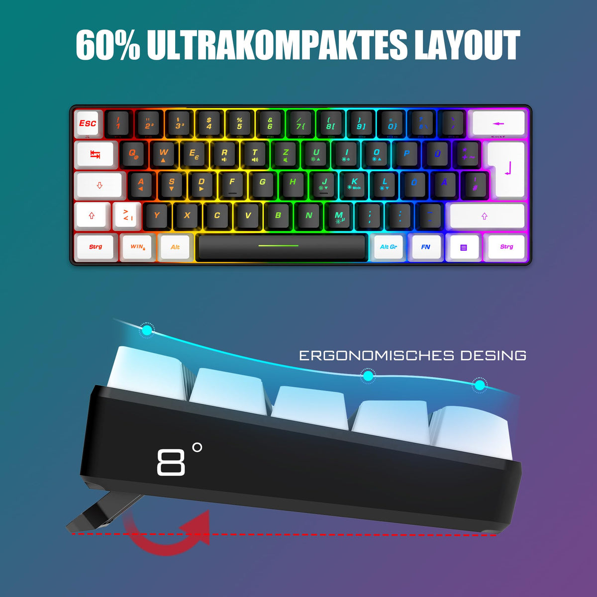 RedThunder 60% Kabelloses RGB Gaming Tastatur und Maus Set, QWERTZ DE Layout, Wiederaufladbare Funktastatur mit Ultraleichte Gaming Maus mit Wabenkonstruktion, für PC MAC PS5 Xbox Gamer, Büro.