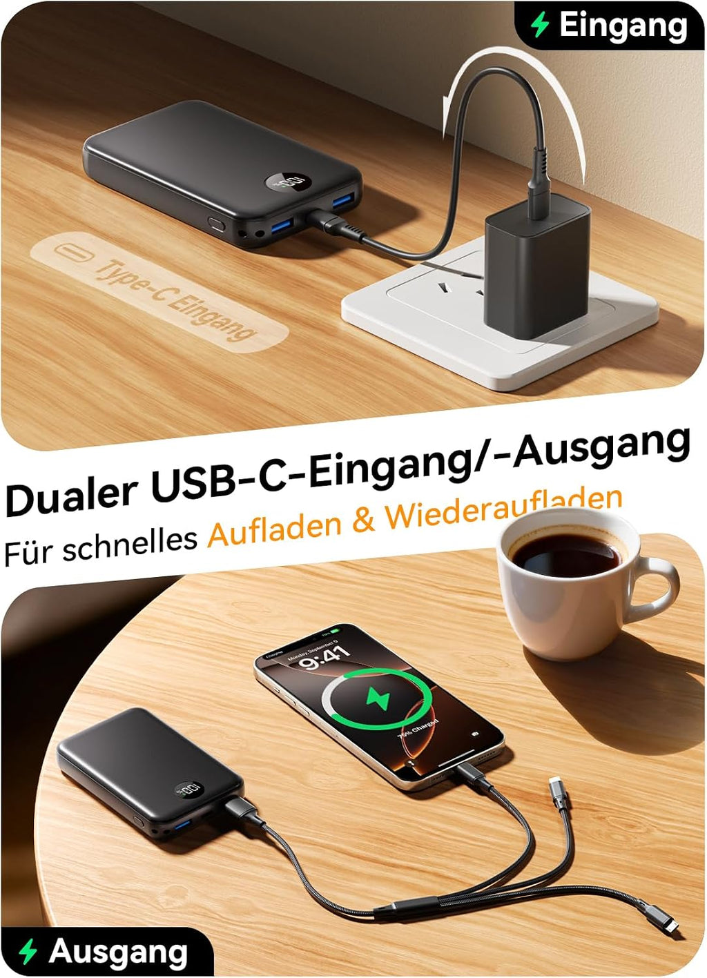 Power Bank 27000mAh, Ultra Kompakte Powerbank Schnellladen mit 3-in-1 Kabel