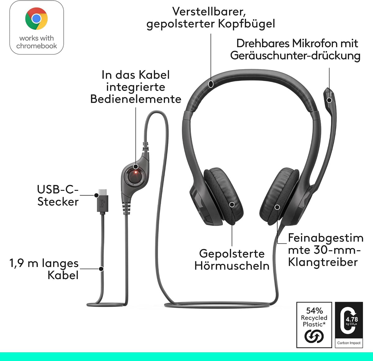 Logitech H390 Kopfhörer für PC zuhause, PC-Headset mit Mikrofon, Schwarz