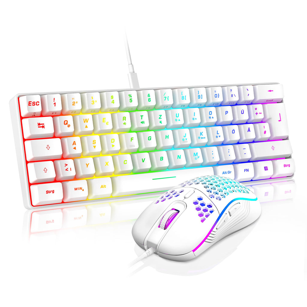 RedThunder 60% Kabelloses RGB Gaming Tastatur und Maus Set, QWERTZ DE Layout, Wiederaufladbare Funktastatur mit Ultraleichte Gaming Maus mit Wabenkonstruktion, für PC MAC PS5 Xbox Gamer, Büro.