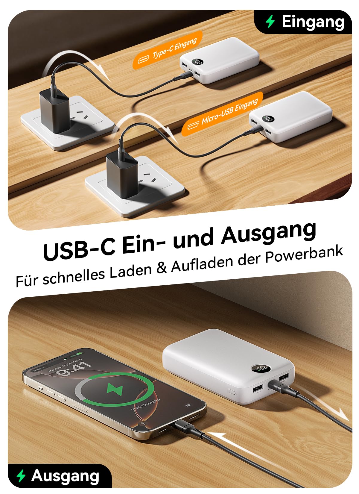 Power Bank 27000mAh, Ultra Kompakte Powerbank Schnellladen mit 3-in-1 Kabel