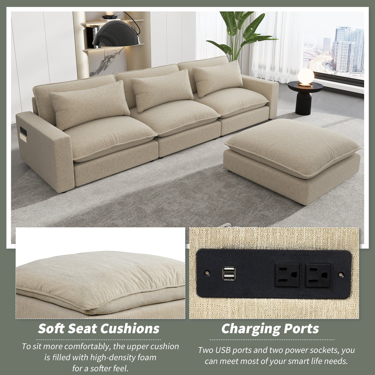 128" Sectional Sofa Cloud Sofa Chenille Upholstered Sofa  Couch With Movable Ottoman, Comfortable Seat Cushions, Chargin