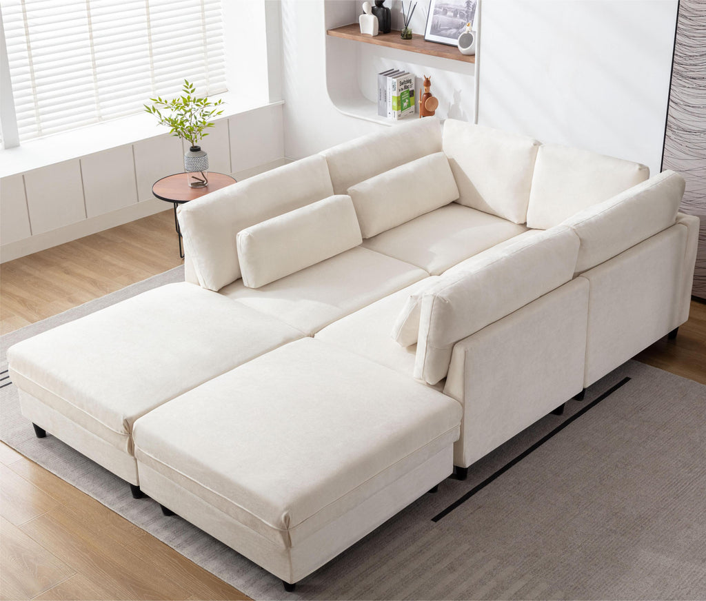 Oversized Modular Sectional Fabric Sofa Set With Waist Pillows, Extra Large U Shaped Couch With Reversible Chaise, 145 I