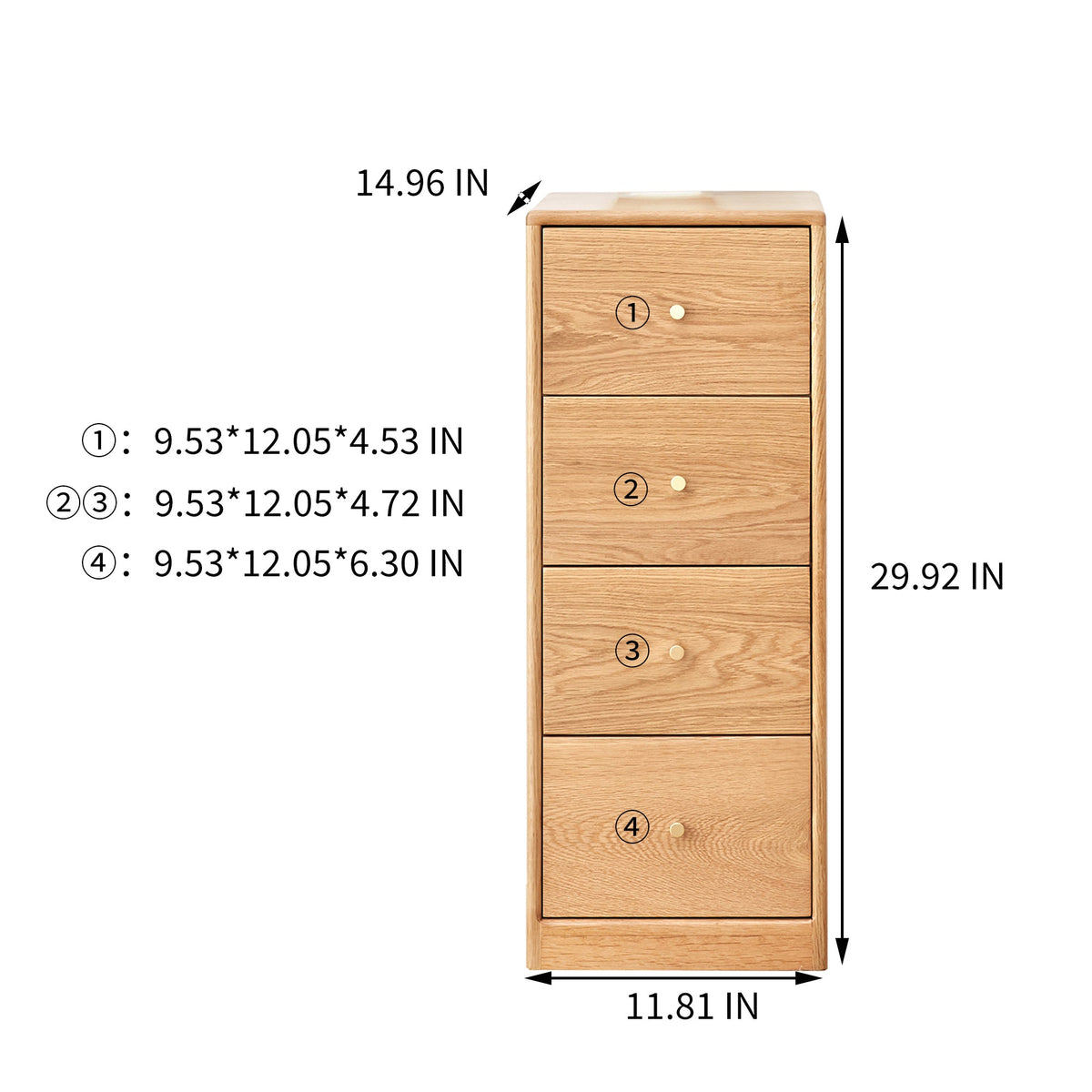 Solid Oak Bedside Table Storage Cabinet for Living Room - Free-Standing Corner Cabinets Storage Table-Four Drawers