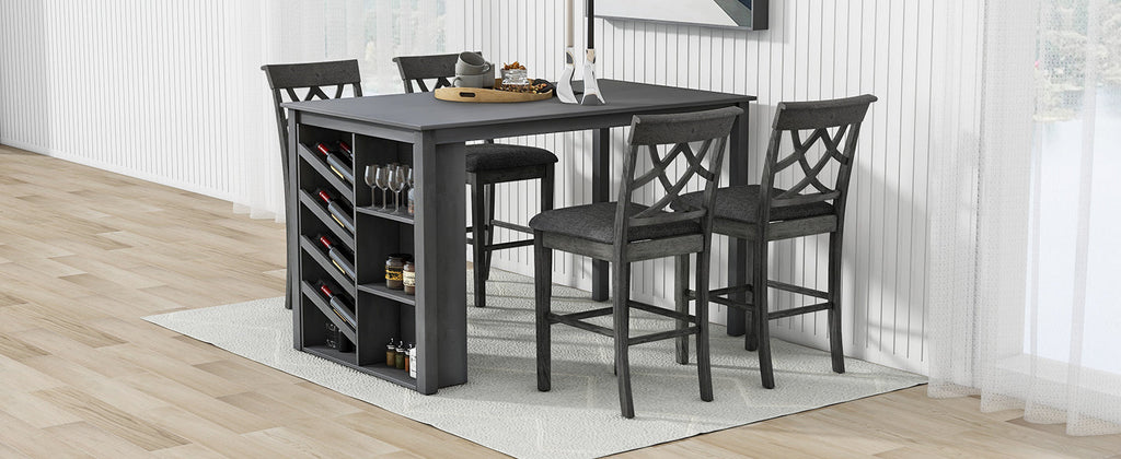Updated Counter Height 5-Piece Solid Wood Dining Table Set, 59*35.4Inch Table With Curved Wine Rack and 4 Upholstered Ch