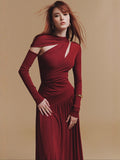 Asymmetric Draped Long Sleeve Maxi Evening Dress