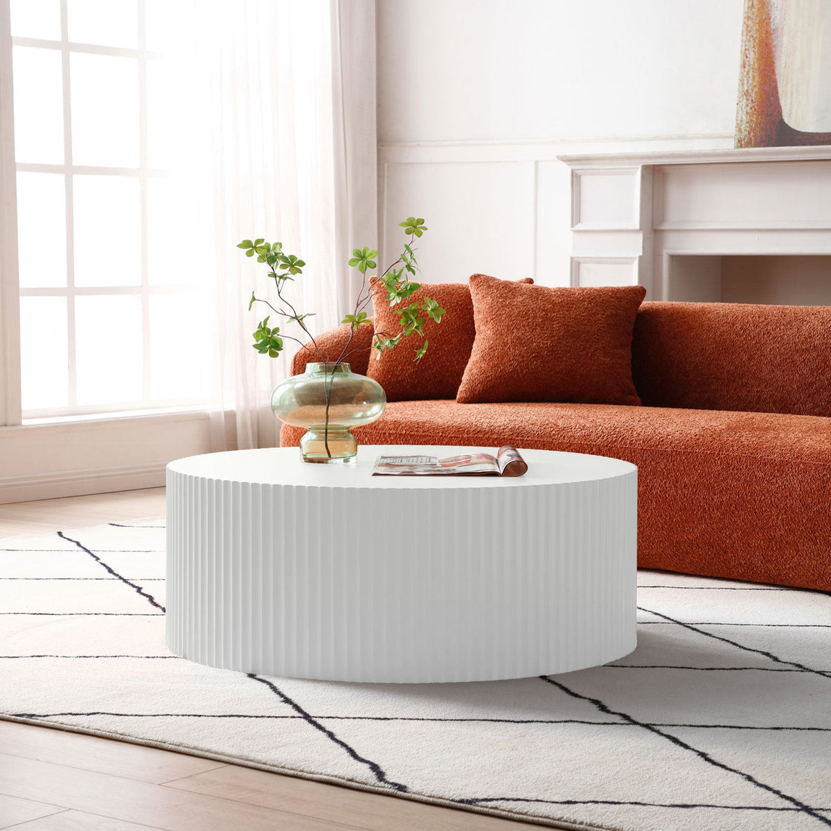 Contemporary Round Coffee Table With Handcrafted Relief, φ35.43inch, Whtie
