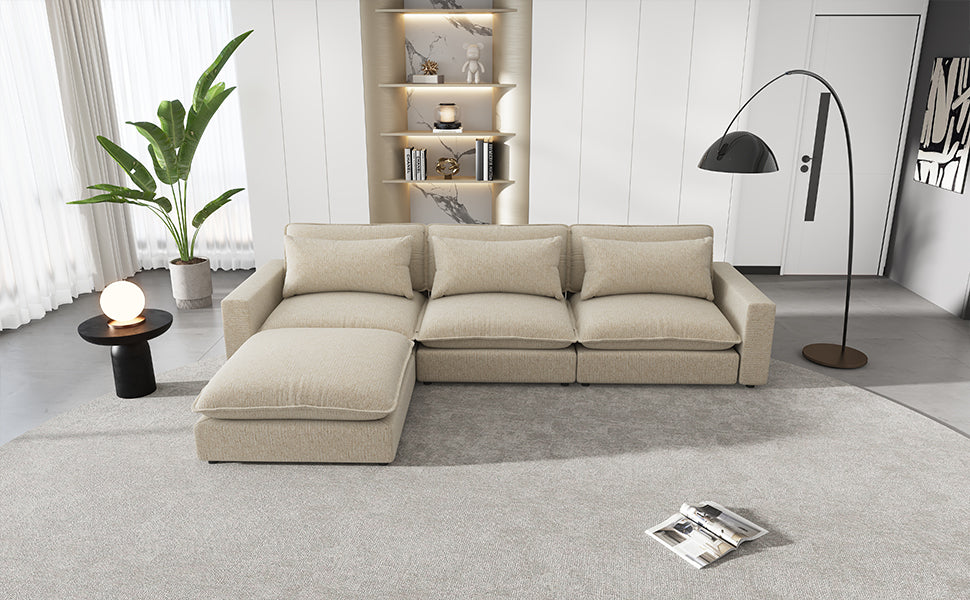 128" Sectional Sofa Cloud Sofa Chenille Upholstered Sofa  Couch With Movable Ottoman, Comfortable Seat Cushions, Chargin